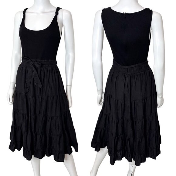 Paige Samosa Ribbed Knit Mixed Media Tiered A-Line Midi Dress in Black Size S - Picture 3 of 15